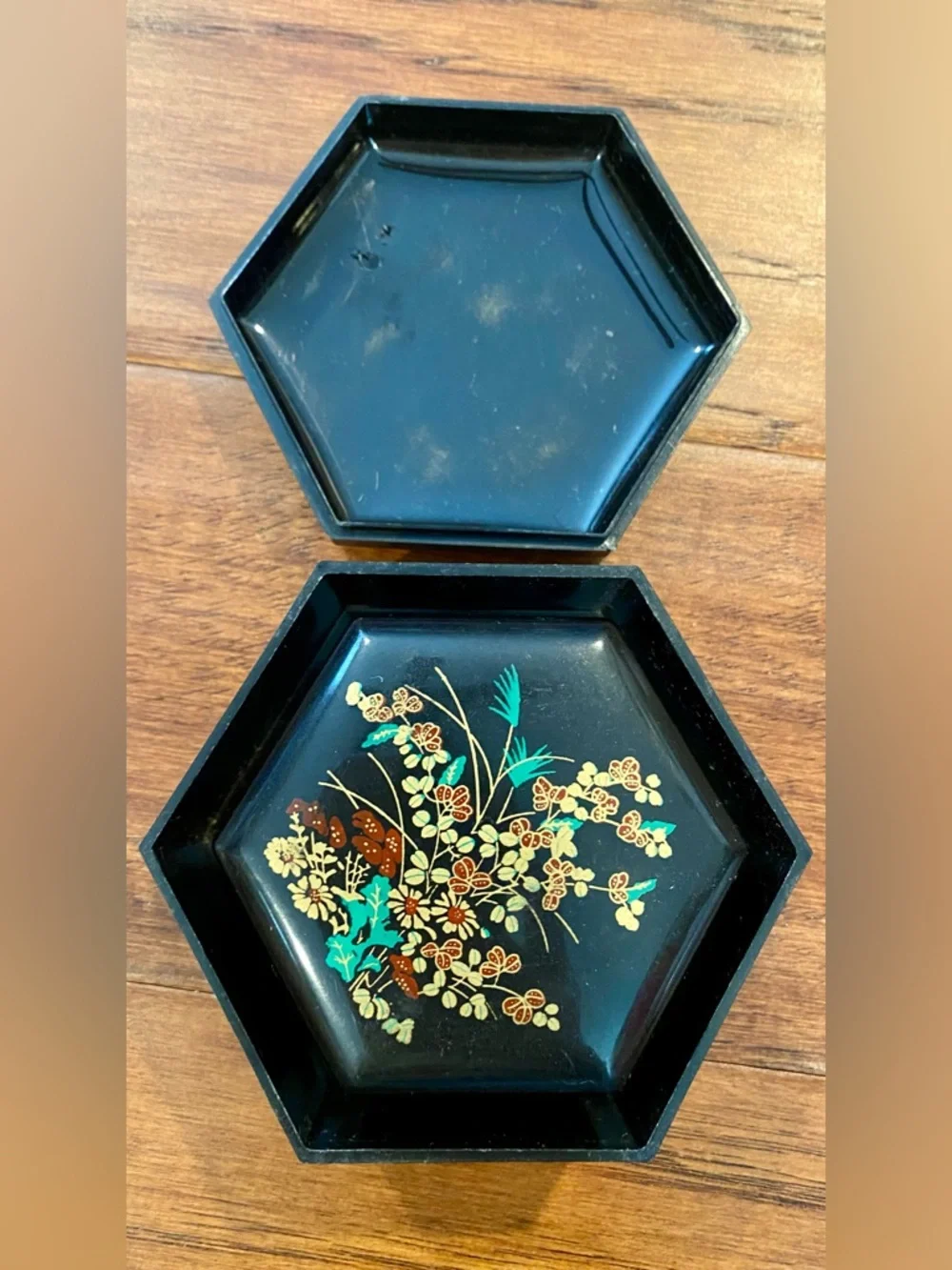 Vintage Black Gold Nesting‎ Floral Jewelry Boxes, Retro Black Set of 2